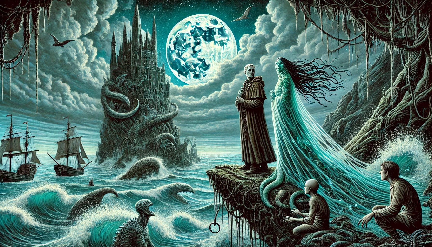 A Lovecraftian coastal scene under a gibbous moon, depicting Alden Marsh and Thalassa standing on the edge of crumbling cliffs overlooking a raging abyss. Thalassa, a mysterious sea creature draped in seafoam and kelp, has bioluminescent veins visible beneath her translucent skin and long, ink-black hair flowing like water. Alden, a scholarly man, holds her webbed hand as the villagers, pale and slit-eyed, approach with hooks and chains. Below, the ocean churns into a maelstrom, and a colossal shadow stirs beneath the waves. The sky is filled with storm clouds and eerie, phosphorescent light from the sunken ziggurat in the depths.
