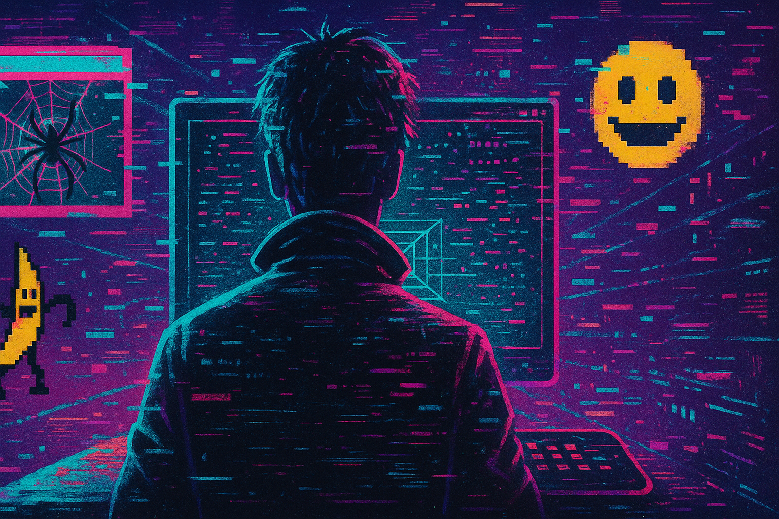 A digital painting in retro-futuristic, cyberpunk style depicting a figure in a high-collared jacket facing a computer screen. The scene is saturated in a retrowave color palette of neon pink, purple, and teal. The screen and background are filled with glitch effects, digital symbols, and hidden web 1.0 easter eggs like a dancing banana, a spider web browser window, and a pixelated smiley face. The atmosphere evokes 90s hacker movies and early visions of 'hacking the internet,' with a surreal and nostalgic vibe. Generated by ChatGPT.