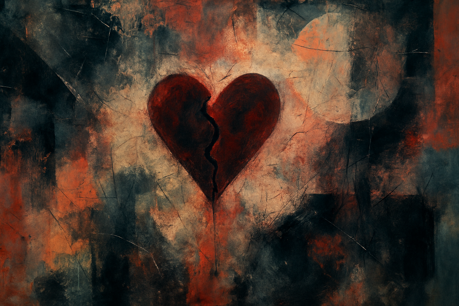 This abstract mixed-media painting centers on a fractured heart, painted in deep red, split by a jagged black crack. Surrounding it are bold contrasts of dark and muted colors, textured surfaces, and both organic and geometric forms, creating a dynamic composition.